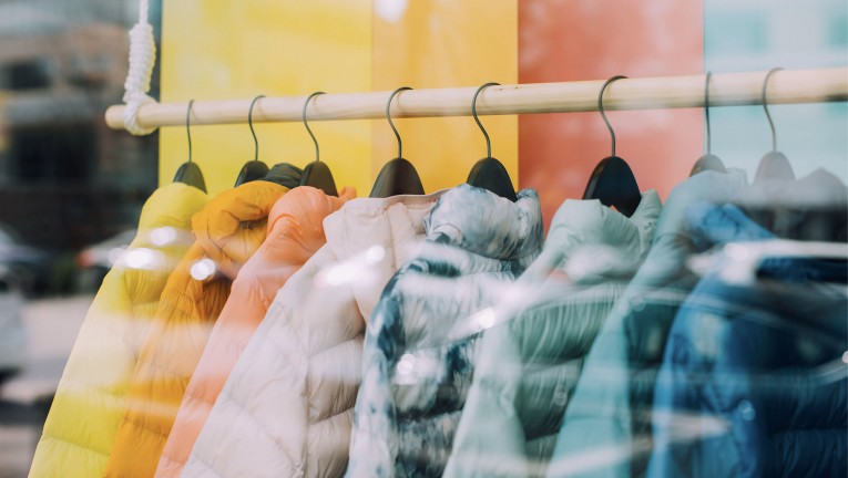 clothing shop, coats on racks