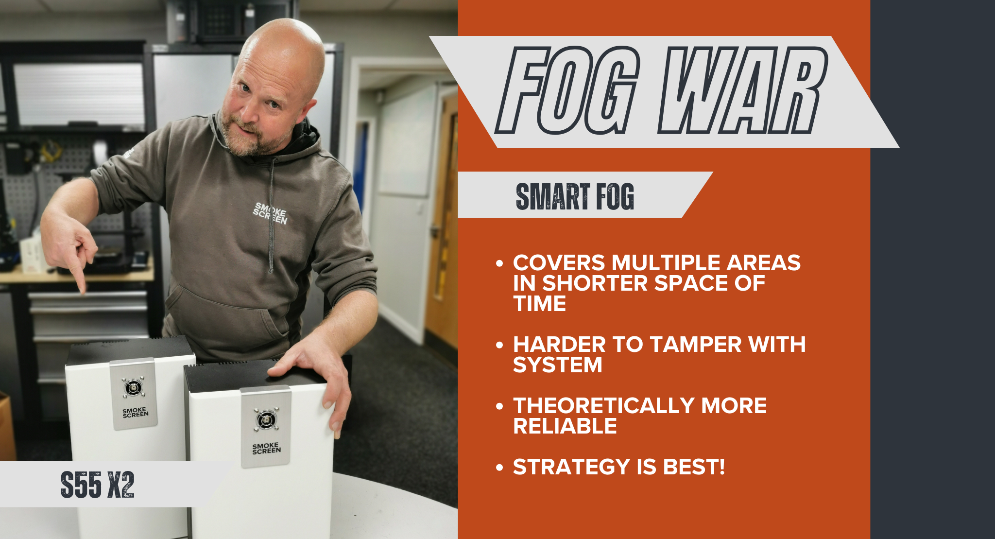man with 2x s55 security fog machines