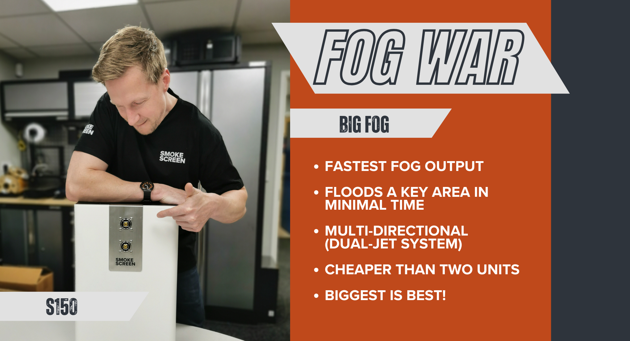 man with S150 security fog generator in workshop