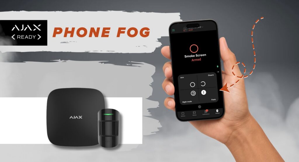 Ajax app showing Smoke Screen system status Armed — arm, disarm, night mode, panic controls visible