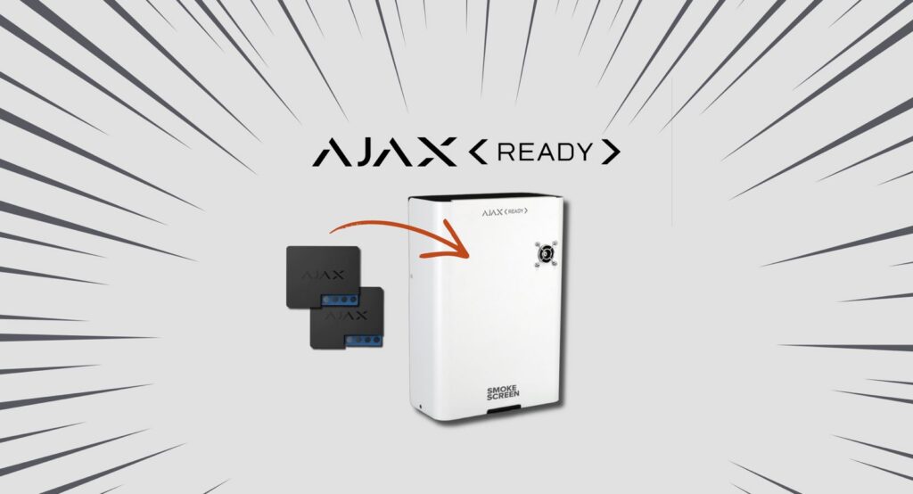 Smoke Screen Sentinel fog generator showing AJAX Ready badge and pre-installed wireless Jeweller relays
