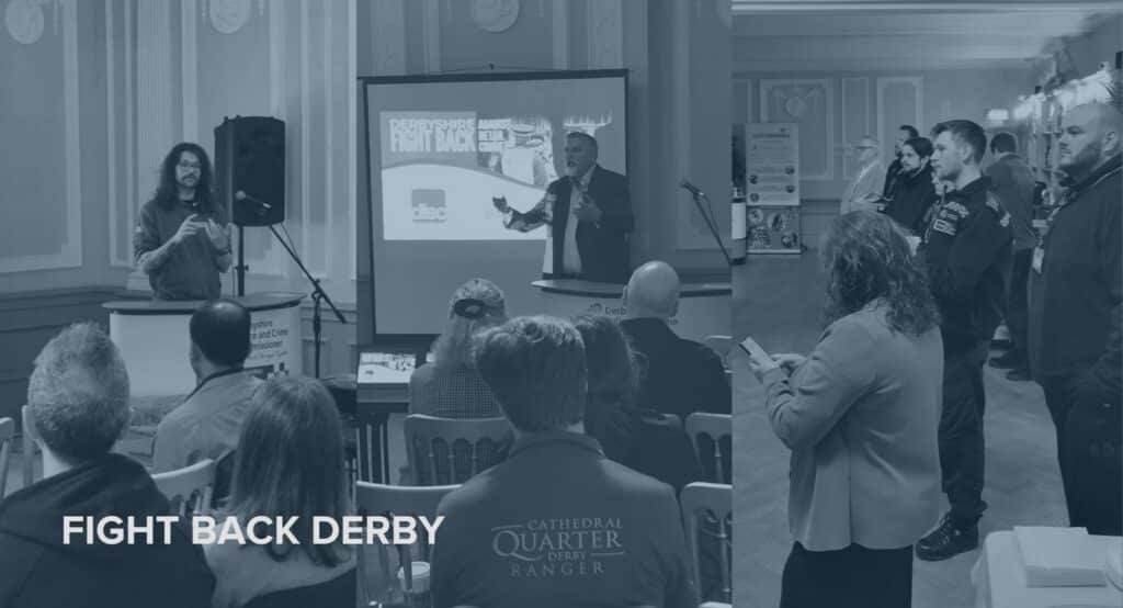 three-panel event photo showing presentations at Derbyshire Fight Back Against Retail Crime, Derby Police and Crime Commissioner represented