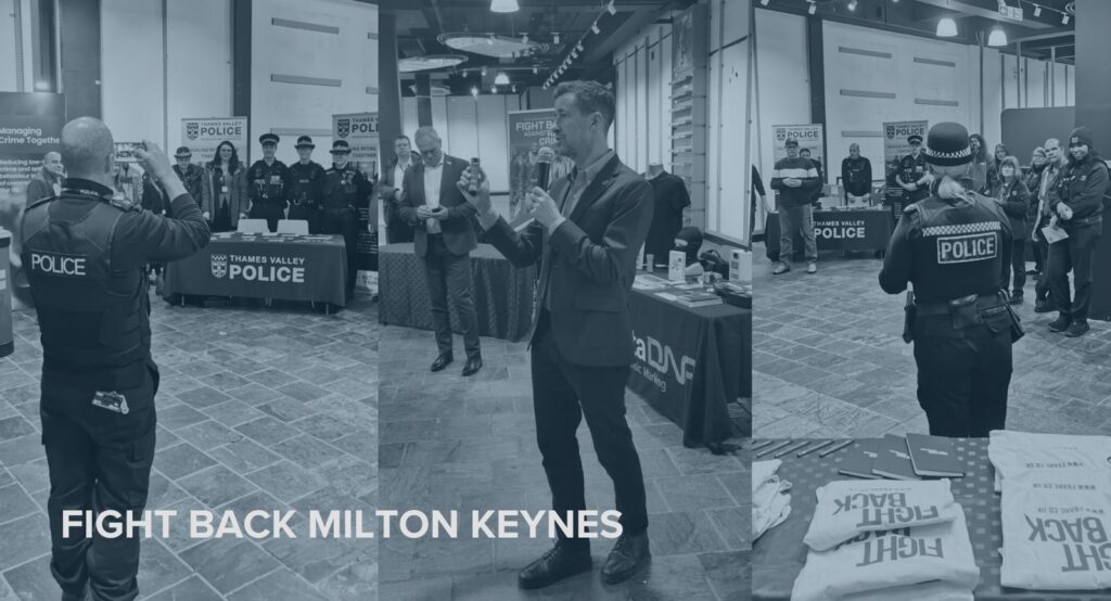 Fight Back Milton Keynes event — Thames Valley Police officers and retailers networking alongside security vendor exhibitors.