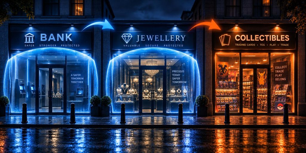 Pokémon Card Theft: How Uk Card Shops Are Fighting Back 2 Row Of Three Shopfronts (Bank,
Jewellers, Collectibles) Showing
How High-Value Theft Has Shifted
Between Categories