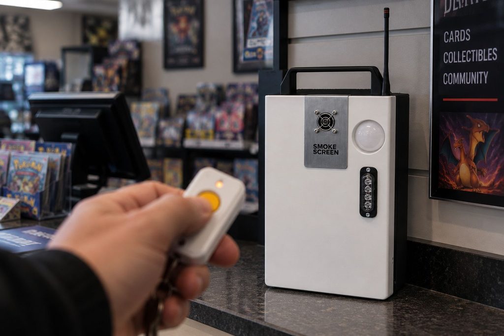 Pokémon Card Theft: How Uk Card Shops Are Fighting Back 4 Close-Up Of A Smoke Screen Fog
Unit At A Card-Shop Counter With A
Wireless Arming Fob