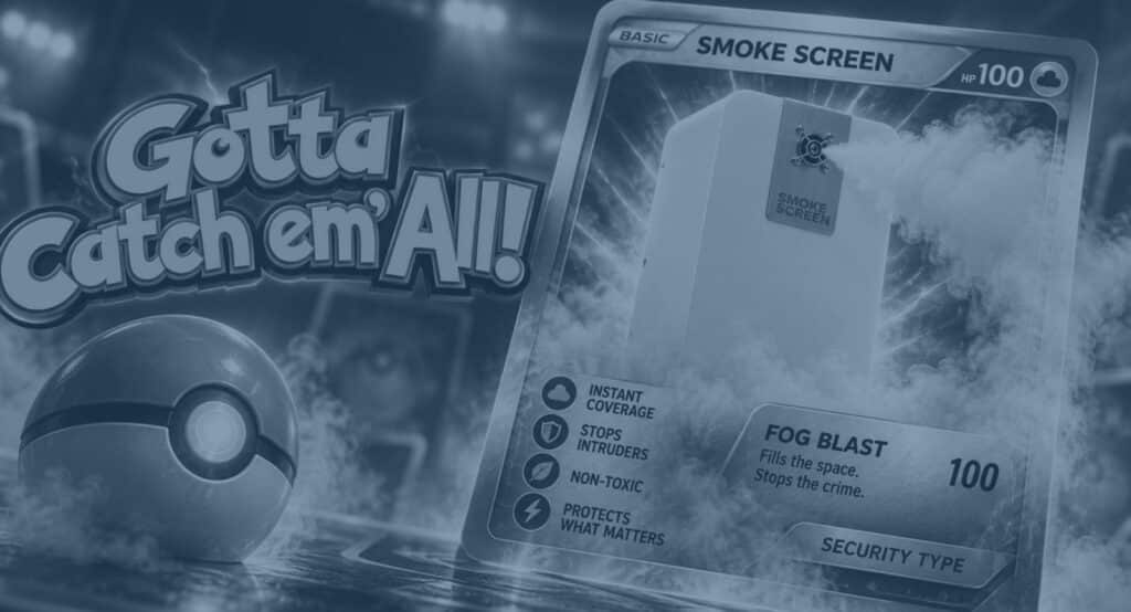 ‘Gotta Catch em’ All’ lettering with a Smoke Screen security fog Pokémon-style card